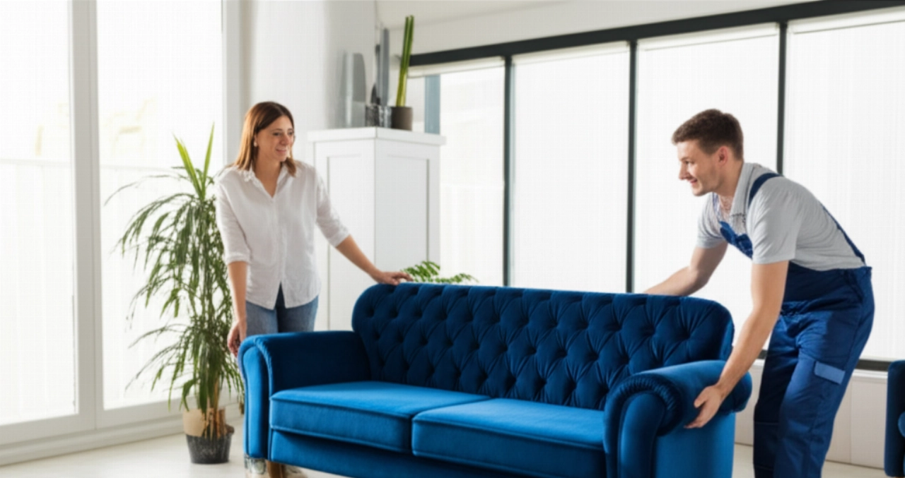 Ein neues blaues Samtsofa wird vorsichtig in einem hellen, modernen Wohnzimmer platziert, mit einem kaukasischen Umzugshelfer und einer Hausbesitzerin.