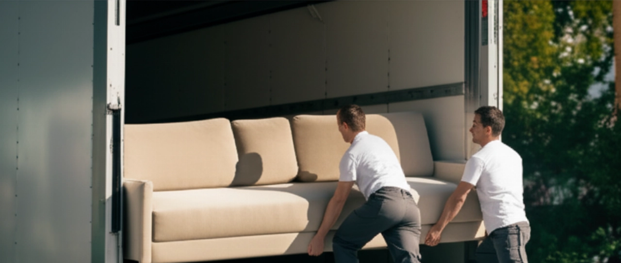 Zwei professionelle kaukasische Umzugshelfer laden gekonnt ein großes beiges Sofa von einem Lastwagen auf eine offene Rampe in einer Vorstadtstraße ab.