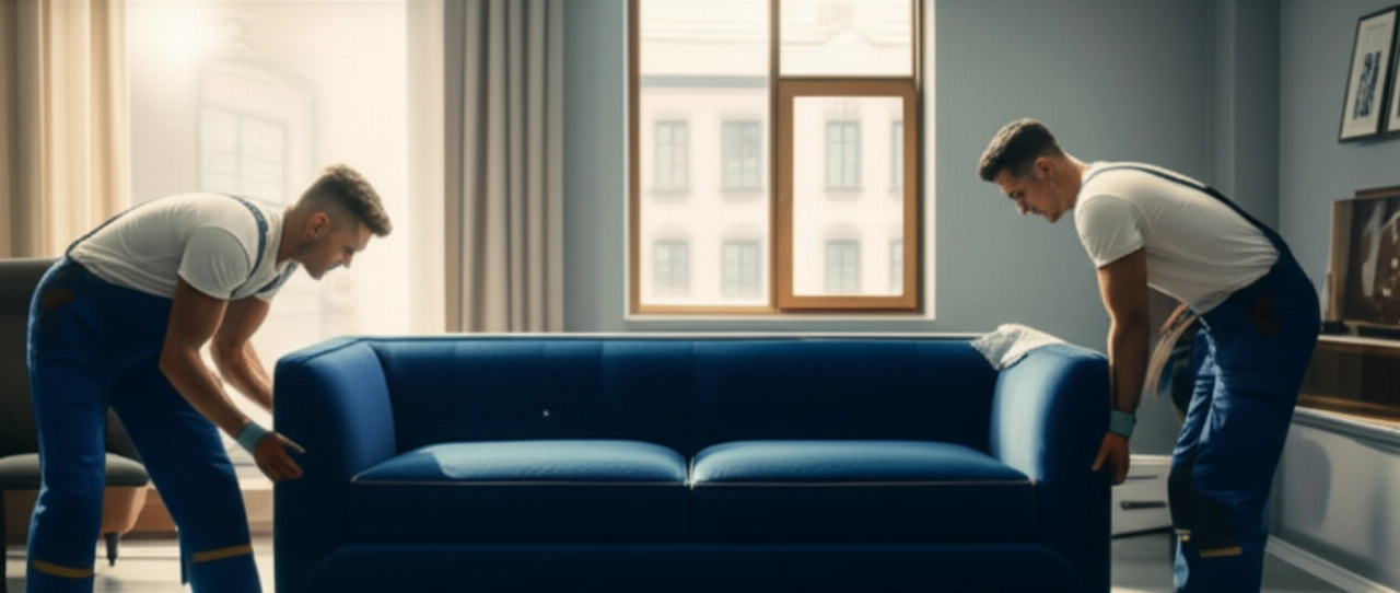 Zwei kaukasische Umzugshelfer platzieren vorsichtig ein neues dunkelblaues Samtsofa in einem geräumigen, modernen und hellen Wohnzimmer.