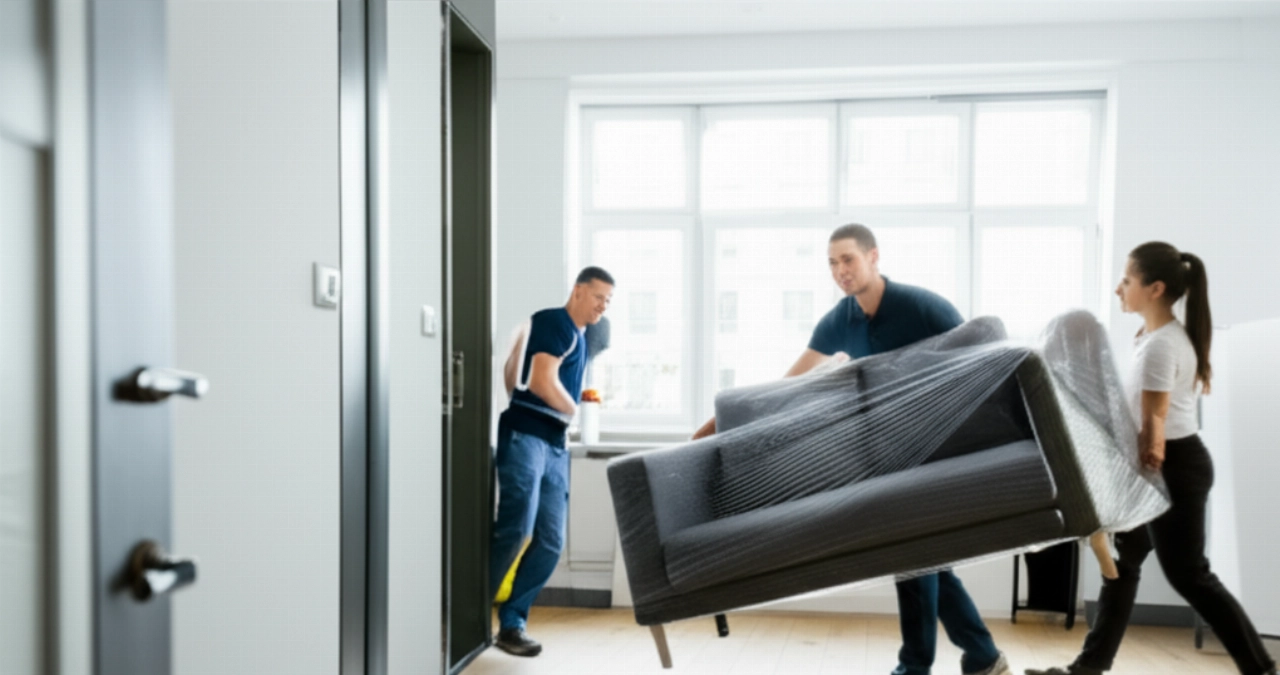 Professionelle Umzugsunternehmen liefern ein Sofa in eine moderne deutsche Wohnung, als Symbol für einen Neuanfang.