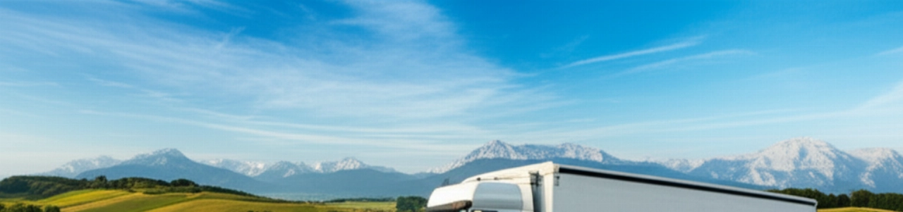 Umzugswagen auf einer malerischen Autobahn, der Landschaften von Italien nach Deutschland durchquert und eine reibungslose Reise symbolisiert.