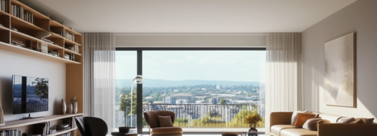 Modernes Wohnzimmer mit gut angeordneten Möbeln und Panoramablick auf eine Schweizer oder italienische Landschaft.