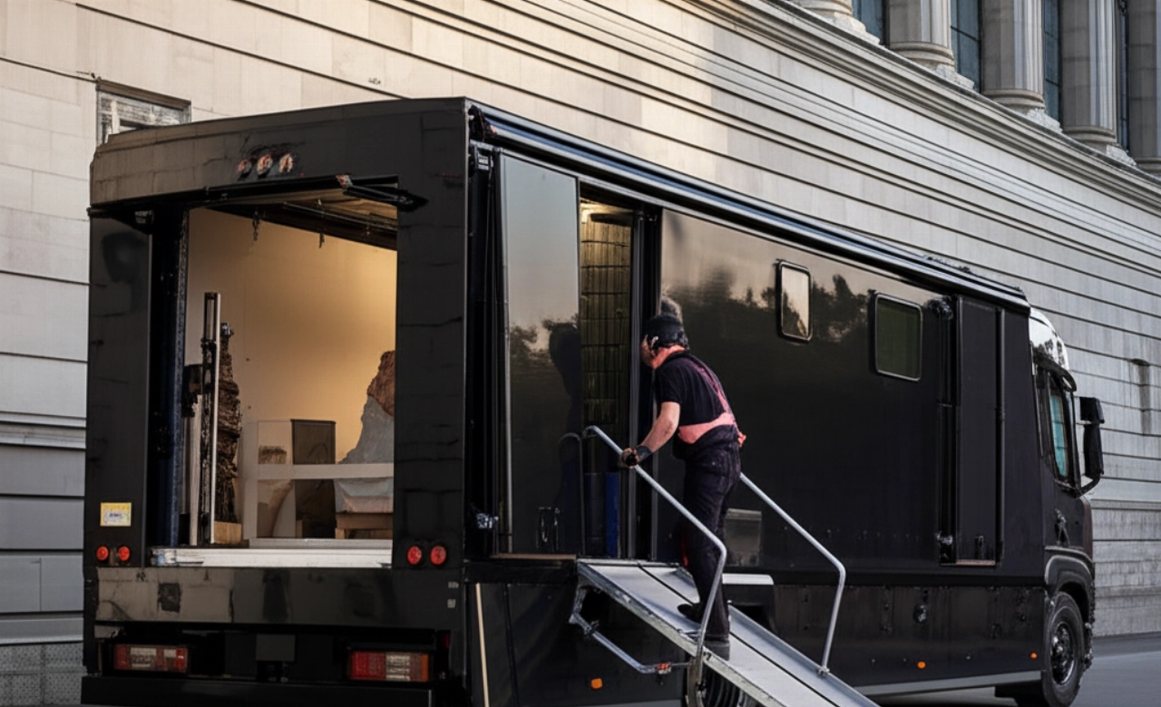 Gepanzerter Kunsttransportwagen vor einem Museum, mit einem kaukasischen Mitarbeiter, der das Verladen einer verpackten Skulptur überwacht.