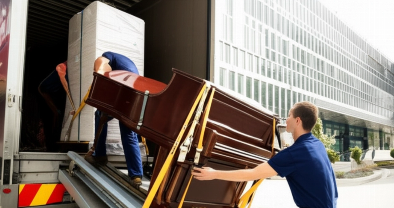Professionelle Umzugshelfer laden ein Klavier mit einer speziellen Rampe auf einen Lastwagen.