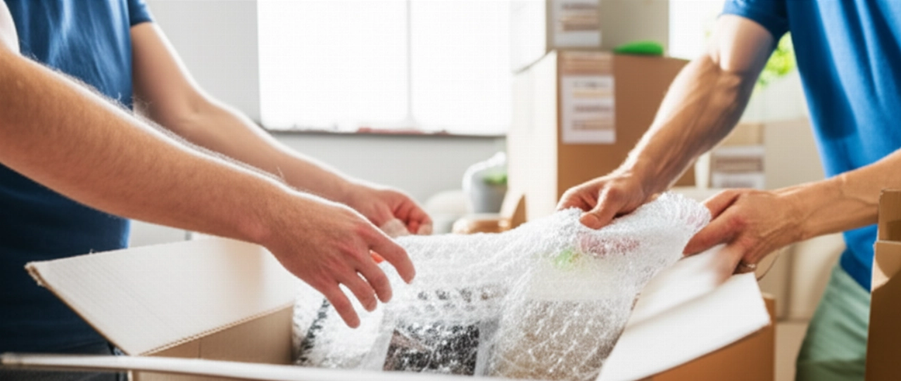 Detail kaukasischer Hände, die zerbrechliche Gegenstände mit Luftpolsterfolie in einen Umzugskarton packen, in einer organisierten häuslichen Umgebung.