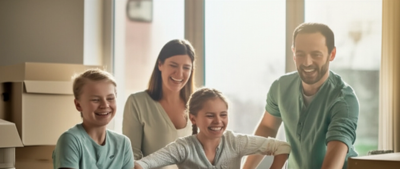 Glückliche kaukasische Familie packt Kartons im neuen Zuhause aus, Symbol für einen stressfreien Umzug.