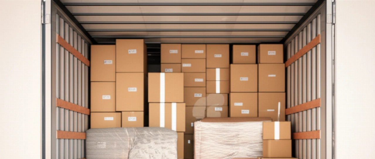 Innenansicht eines perfekt organisierten Umzugswagens mit verpackten Kartons und Möbeln.